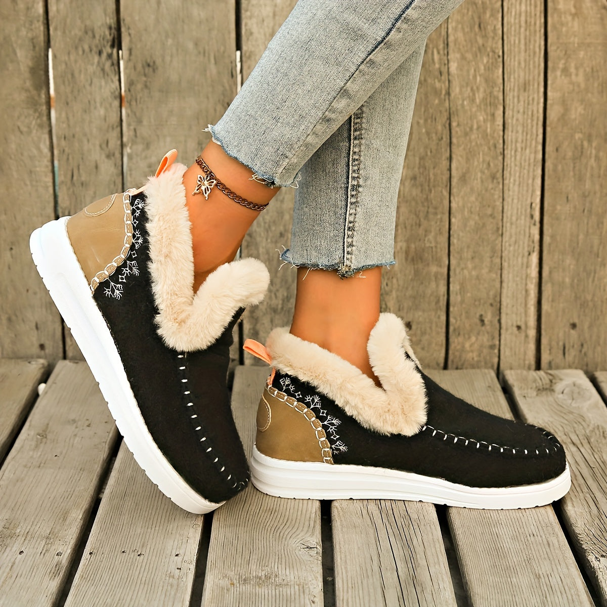 Women's Plush-Lined Ankle Boots Warm Faux Furry Casual Slip-On Shoes