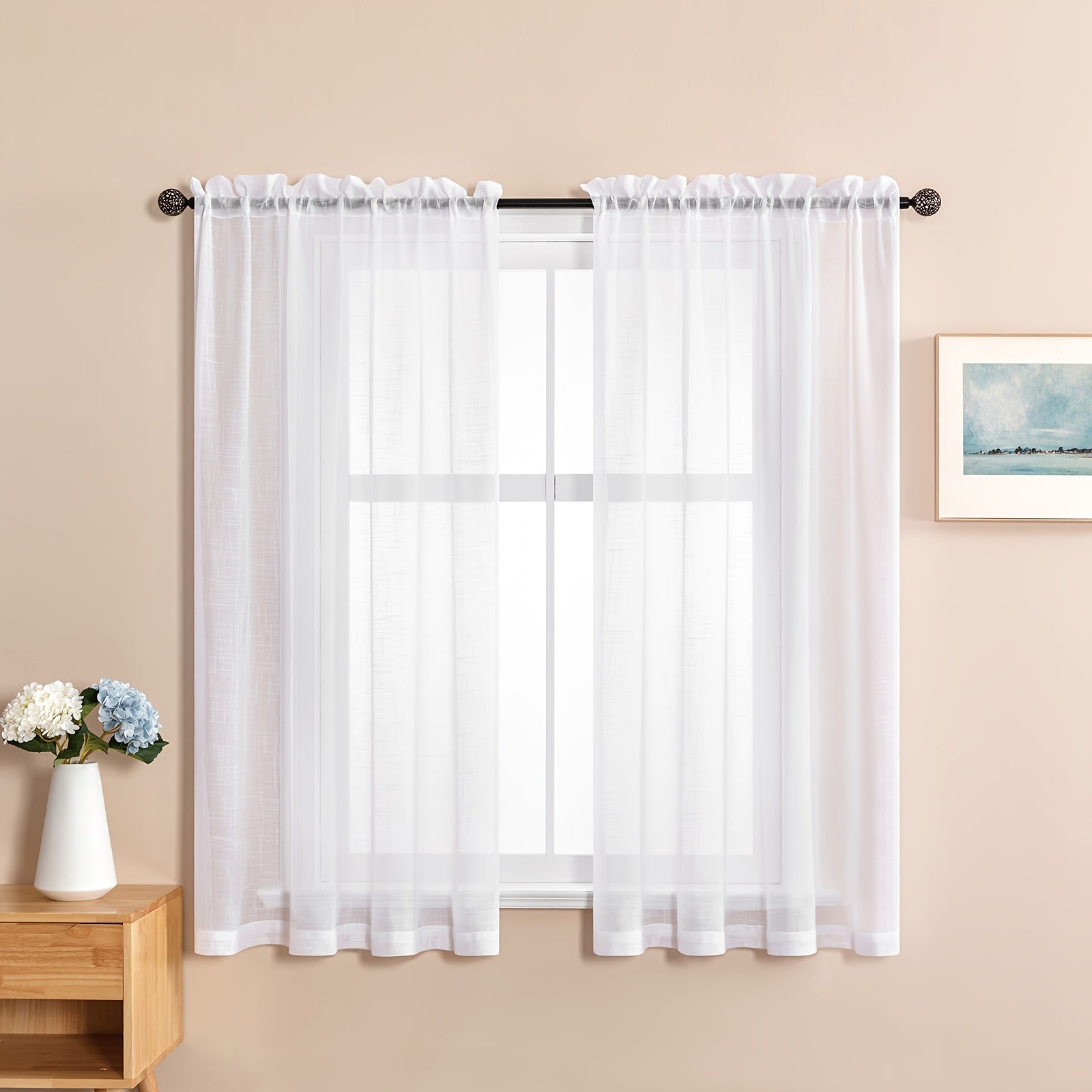 Cortina de lino blanco transparente con bordes con volantes y bolsillo para barra, cortina de filtración de luz para sala de estar y dormitorio