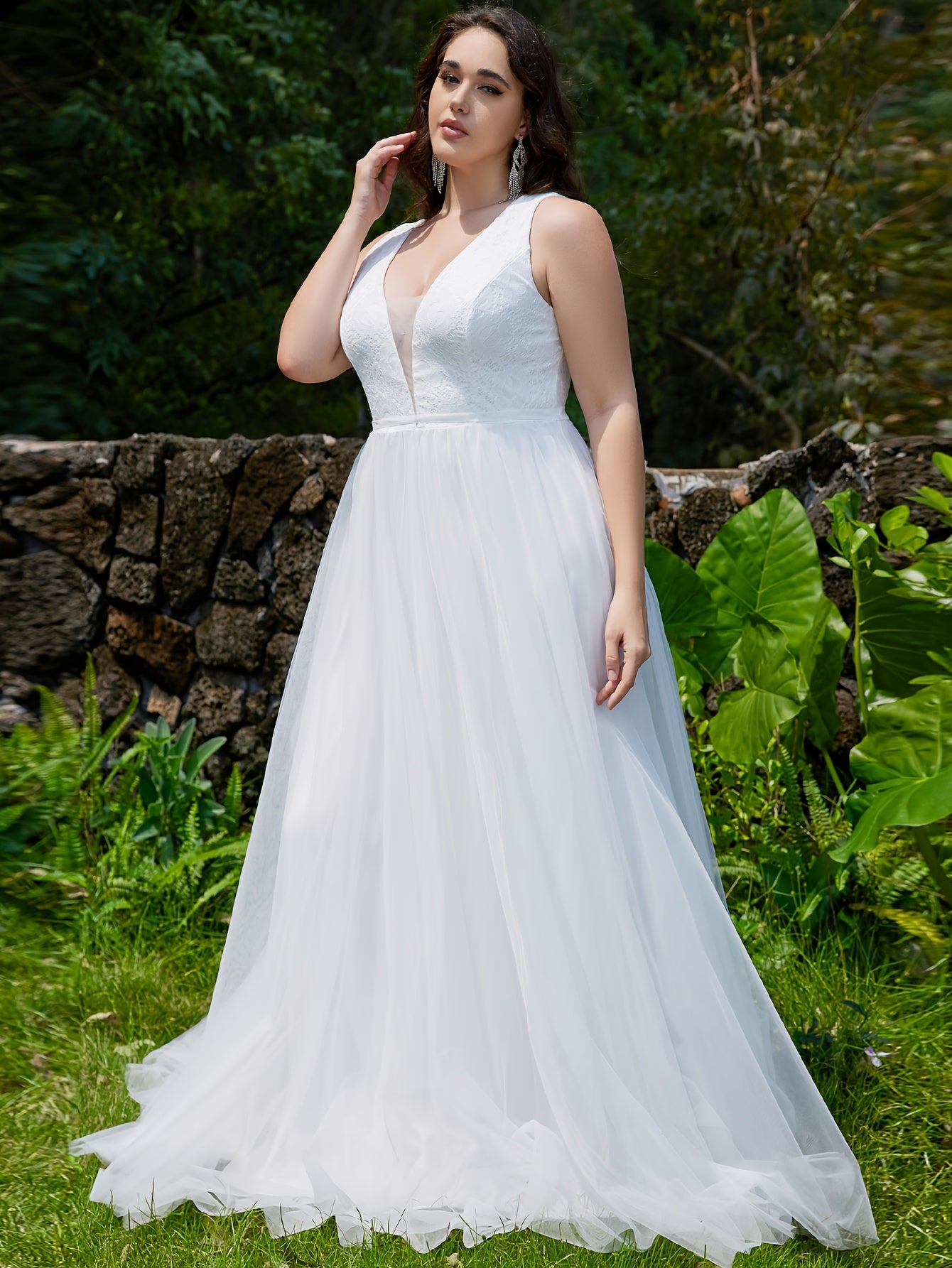 Plus Size Women's Lace Panel V-Neck Wedding Evening Gown Formal Maxi Dress