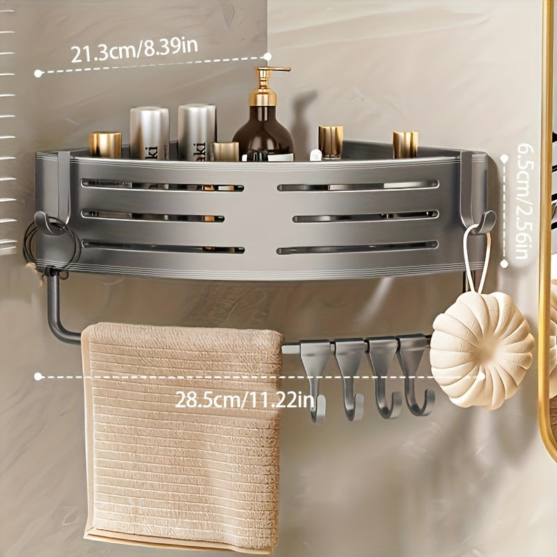 Aluminum Shower Organizer with Hooks Self-Adhesive Rust-Resistant Bathroom Shelf