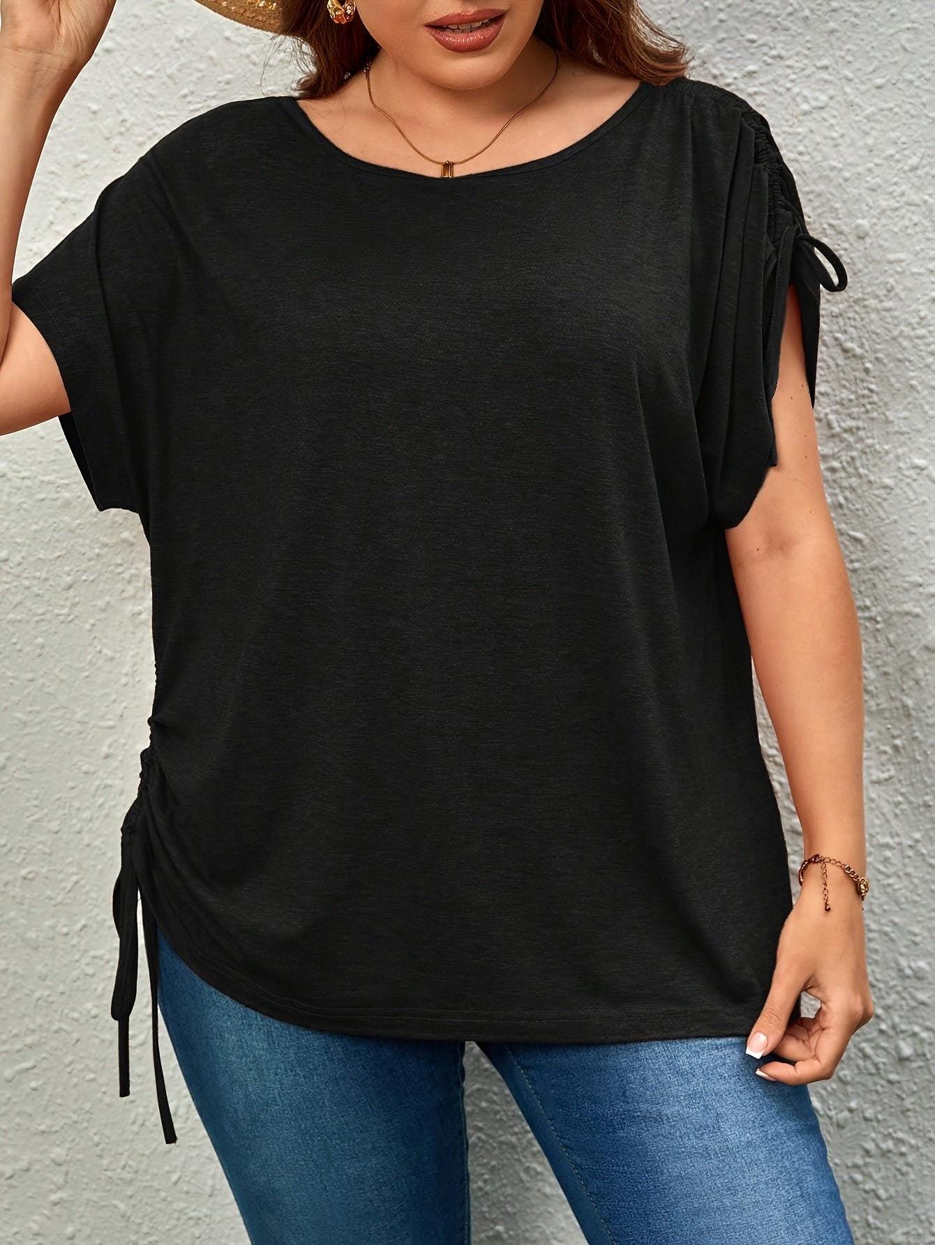 Plus Size Women's Casual T-Shirt with Drawstring Ruched Short Sleeves