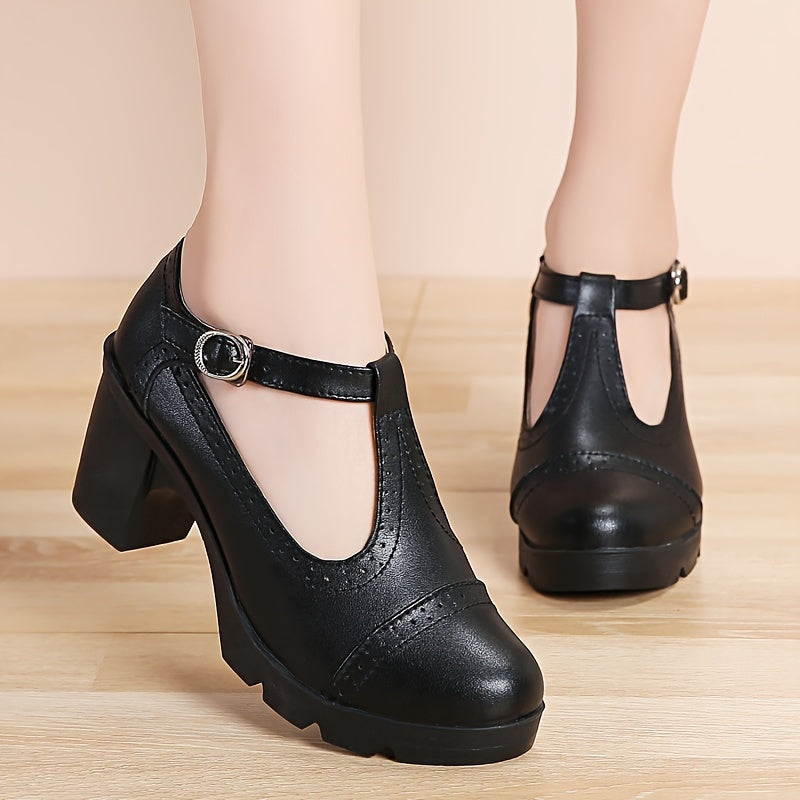 Women's T-Strap Chunky Heels Retro Buckle Oxford Pumps for Office