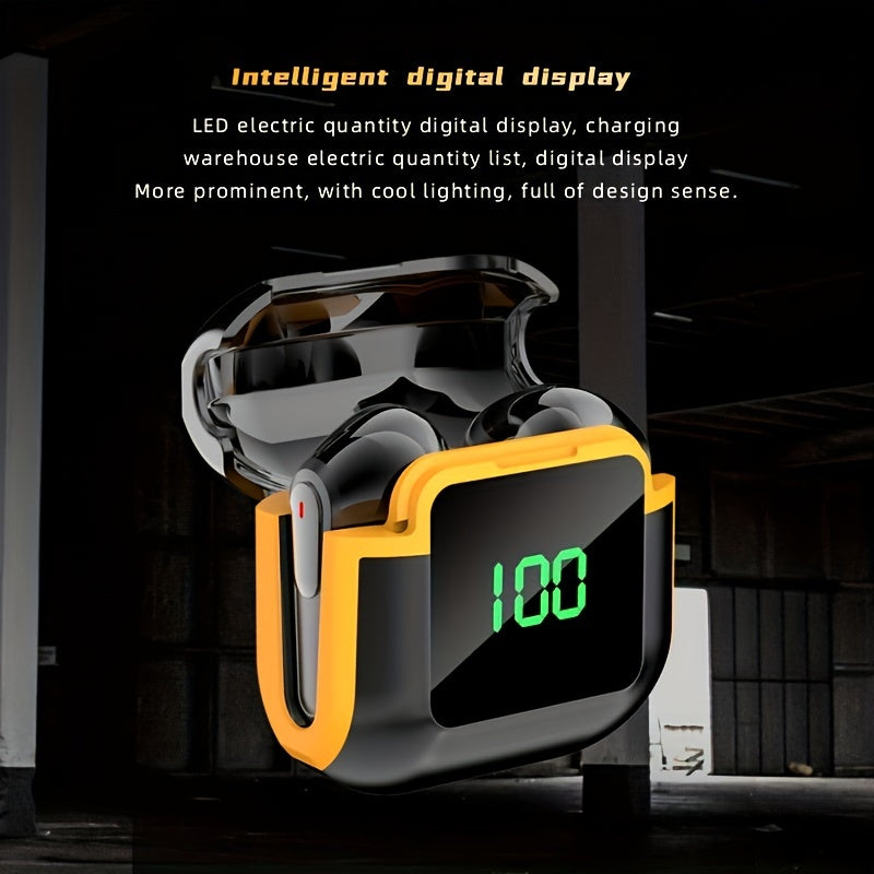 Беспроводные наушники 2024 года с LED-дисплеем и сенсорным управлением, разработанные для спорта, музыки и игр. Совместимы с iOS и Android.