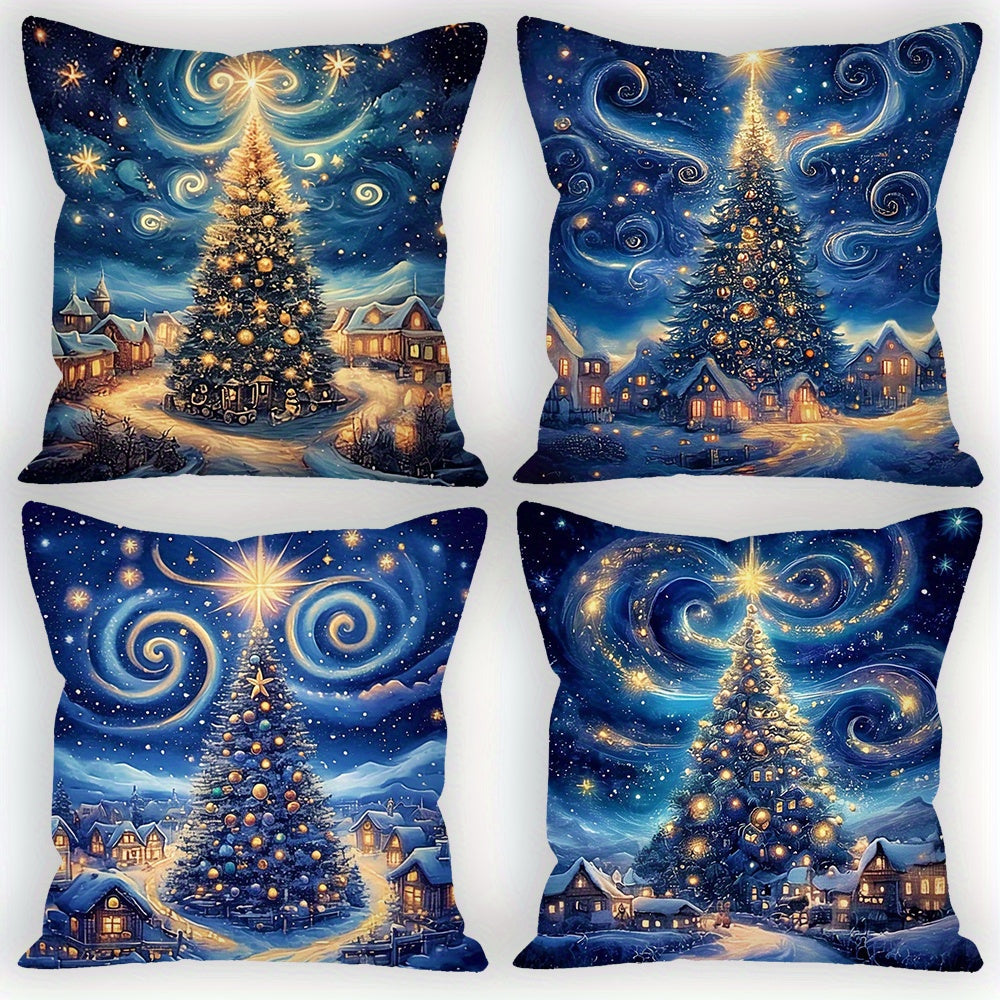 4-Piece Christmas Throw Pillow Cover Set Night Sky Tree Festive Home Decor