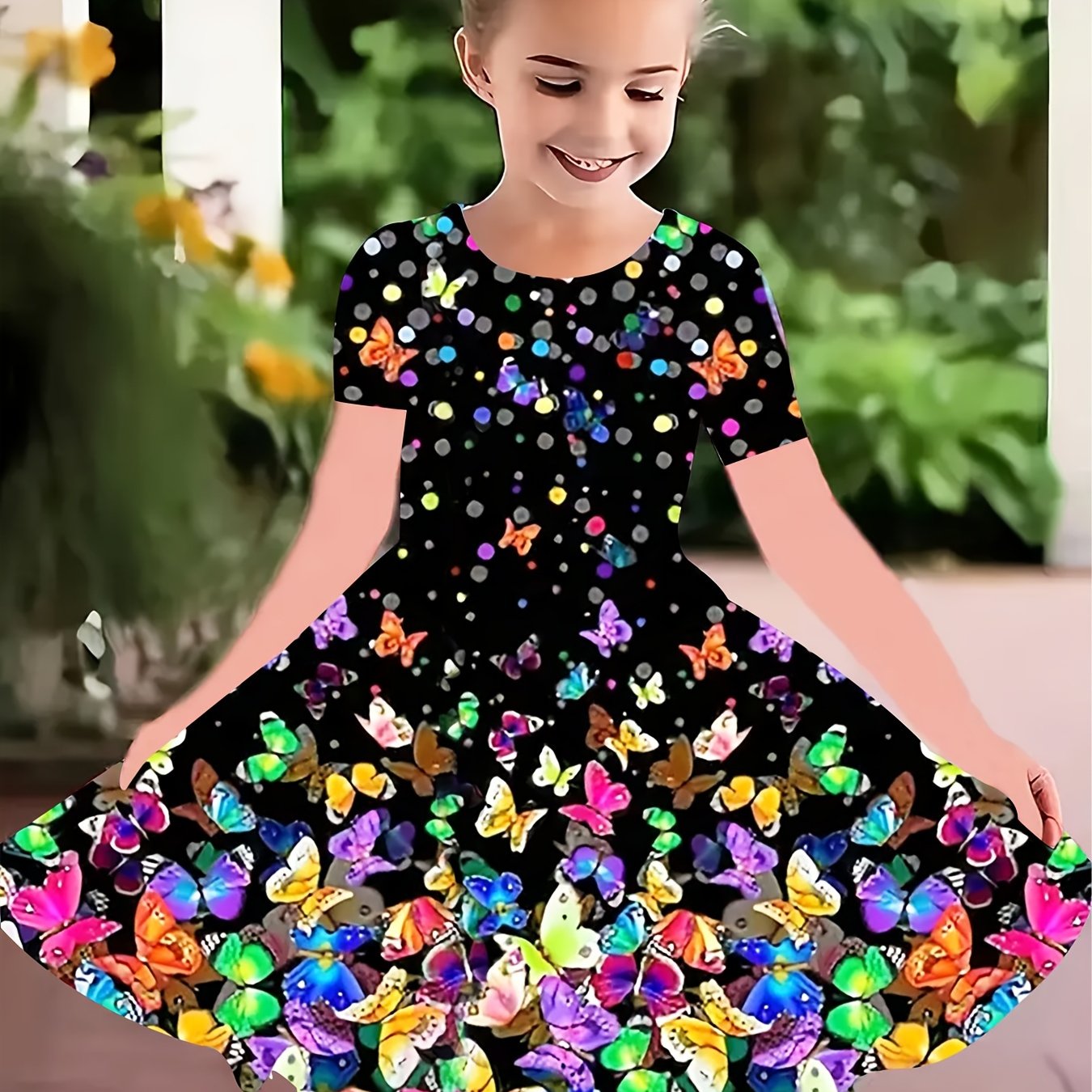Girls' Midi Dress with Butterfly Print Short Sleeve Casual Summer Clothing