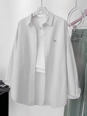 Women's Embroidered Long Sleeve Shirt Polyester Woven Lapel Collar Loose Fit Sun Protection Top for Spring Summer