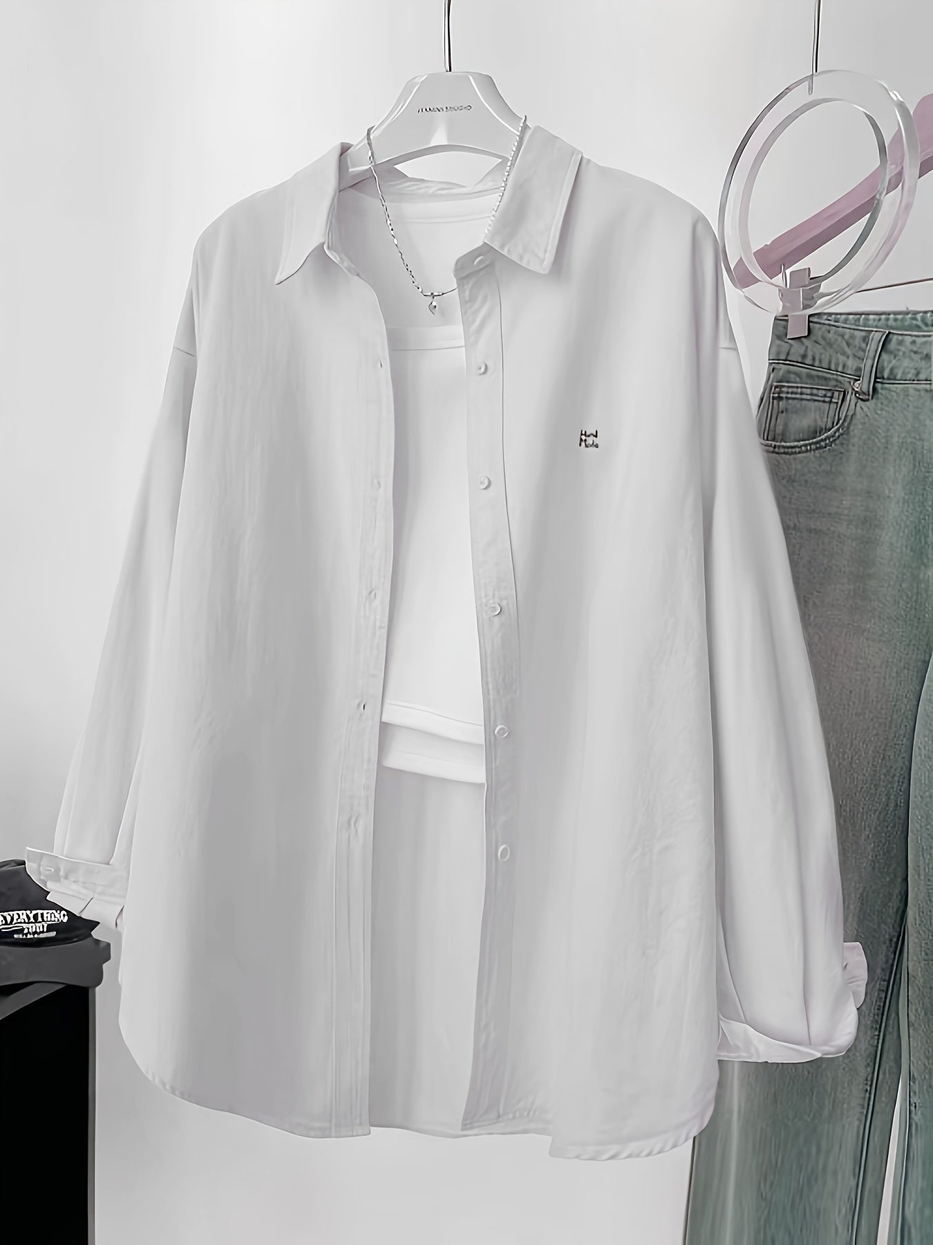 Women's Embroidered Long Sleeve Shirt Polyester Woven Lapel Collar Loose Fit Sun Protection Top for Spring Summer