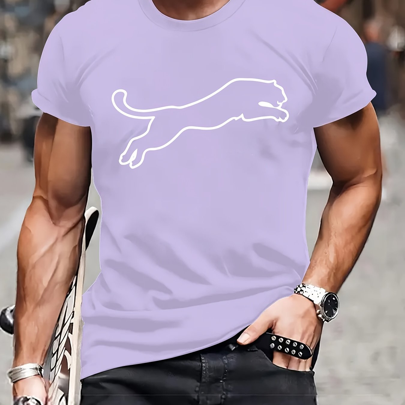 Men's Polyester Leopard Print Casual T-Shirt with Crew Neck Summer Fit