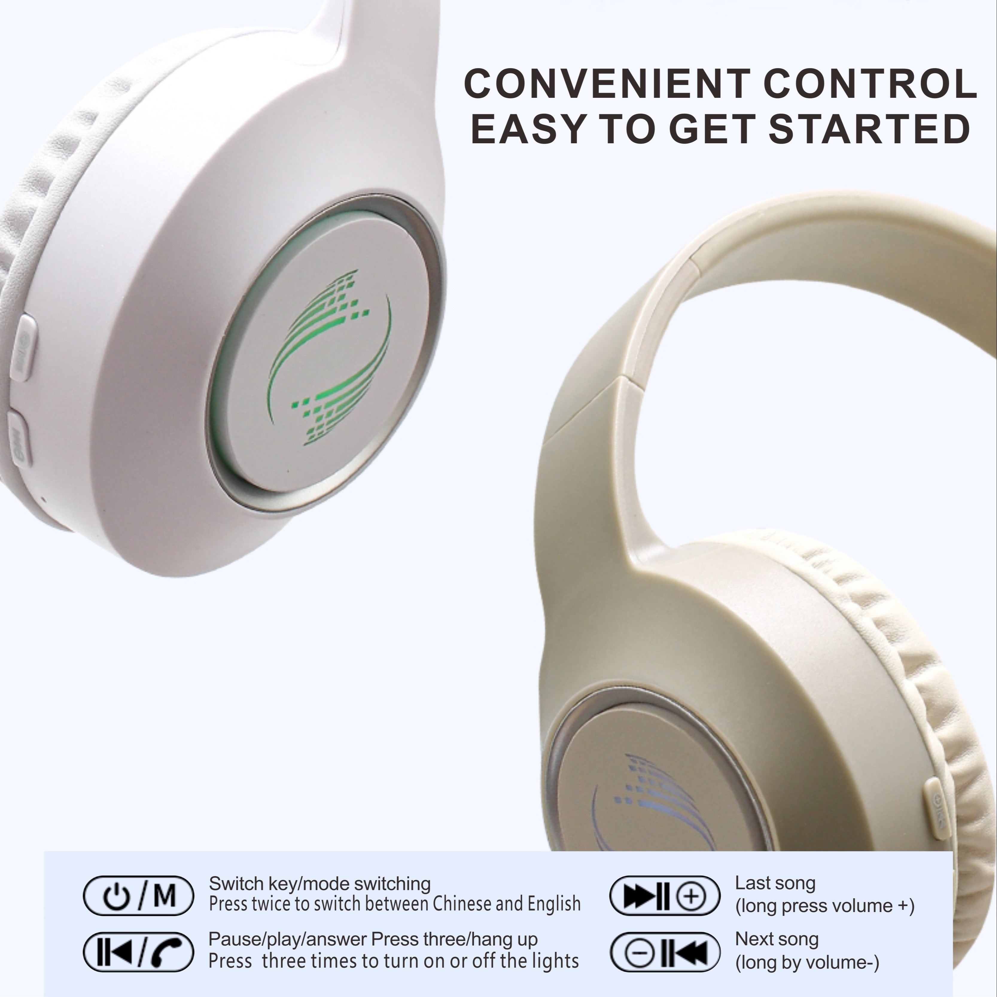 Wireless Over-Ear Headphones with LED Lights Long Battery Life High Fidelity Stereo for Gaming Running Adults