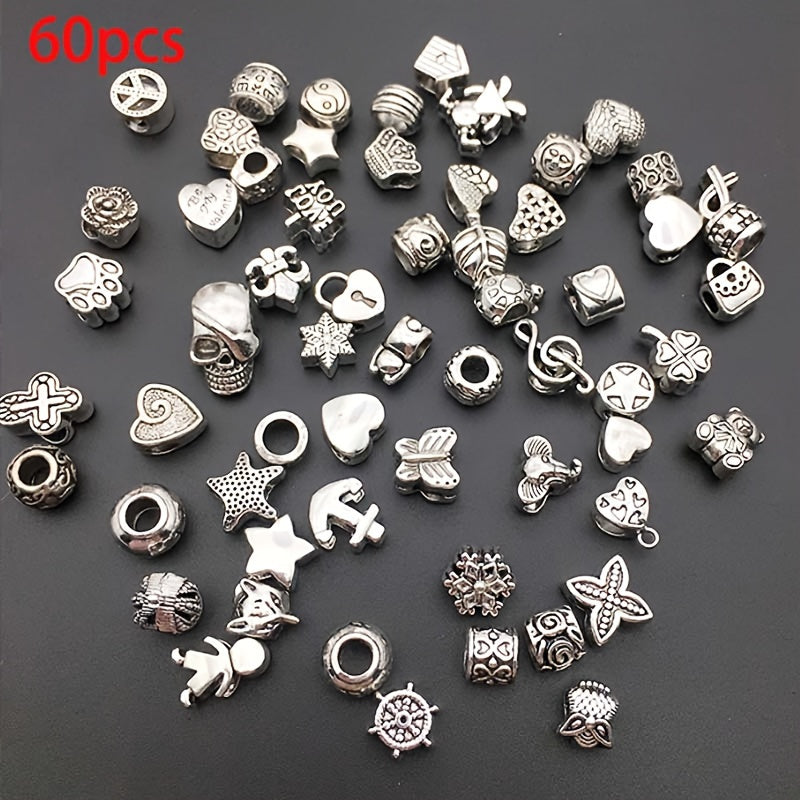 60 piezas de charms de cuentas con gran agujero y grabadas en aleación de zinc para hacer joyería