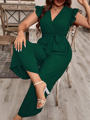 Women's Ruffled Sleeve V-Neck Belted Jumpsuit Solid Color Non-Stretch Fabric