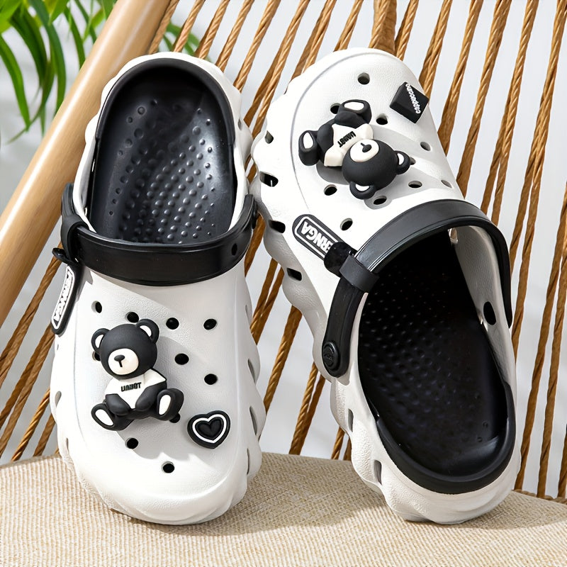Women's Thick-Soled Clogs with Bear Decor, Hollow-Out Design, Breathable Summer Shoes