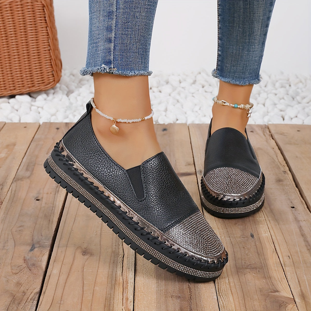 Women's Glitter Flats, Solid Color Slip-On Loafers, Comfortable Platform Shoes