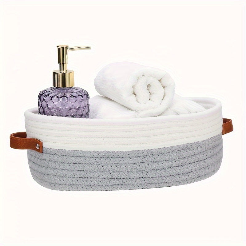 Bej teksturali hammom uchun saqlash savati, sun'iy charm tutqichlar bilan, oval tashkilotchisi tozalash va kir yuvish buyumlari uchun