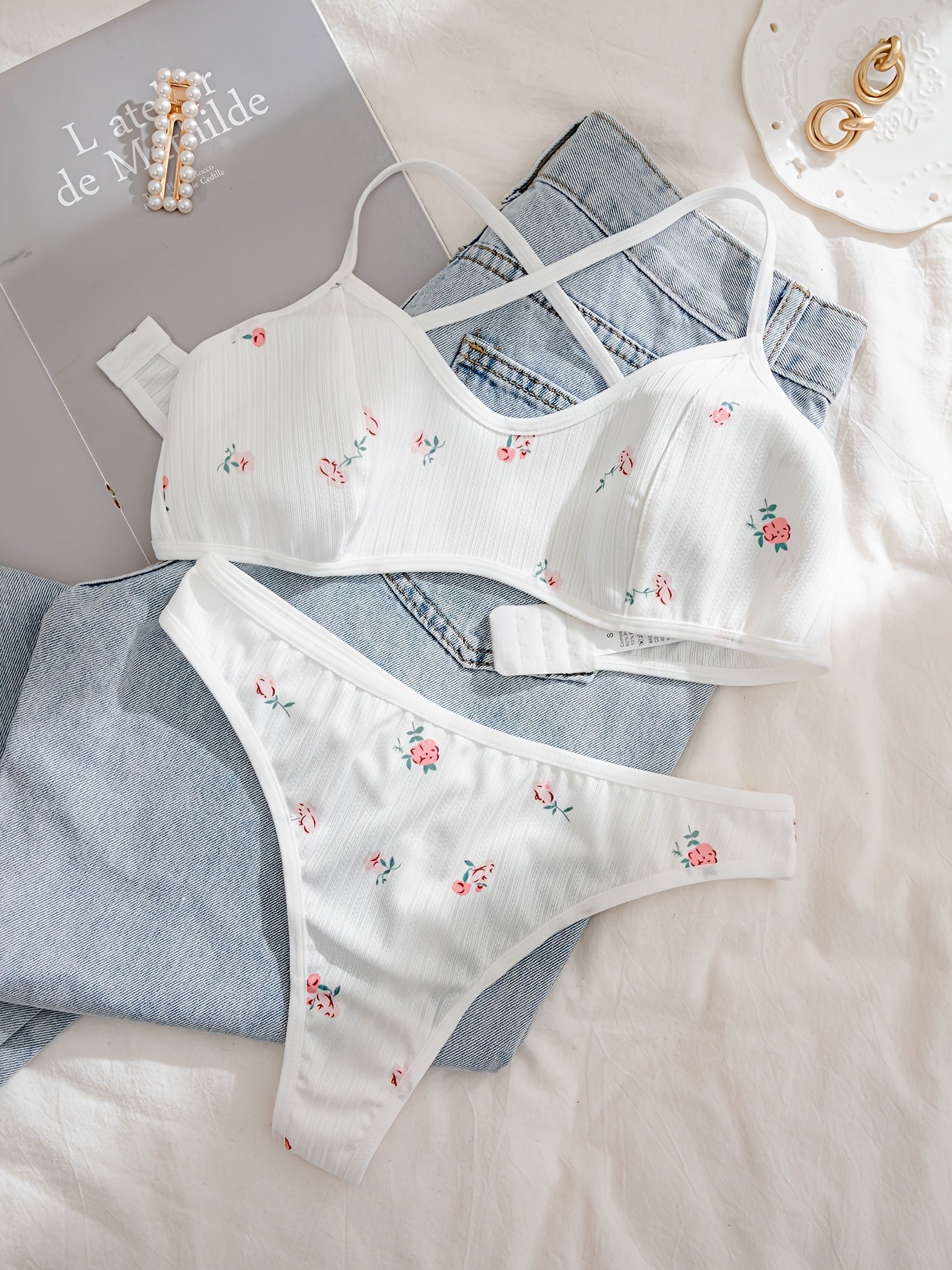 White Floral Print Lingerie Set with Embroidery and Cross-Back Design