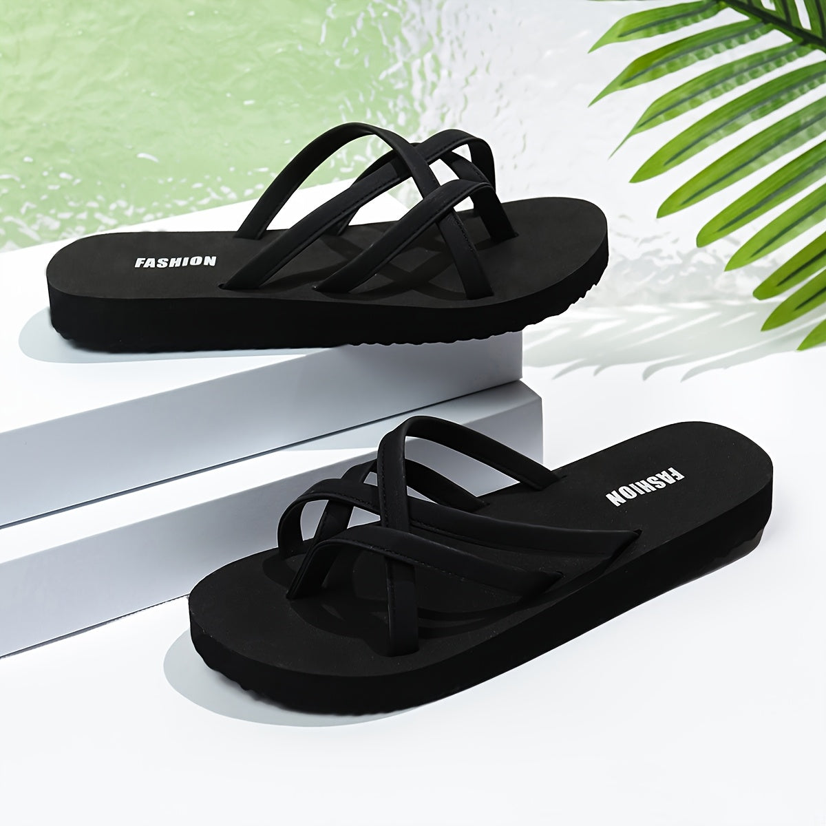 Women's Summer Slip-On Flip-Flops Cross Strap Open Toe Low Heel Solid EVA