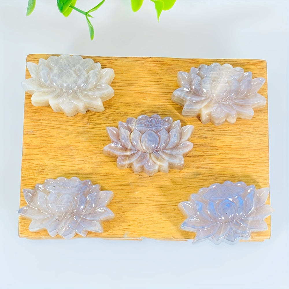 Ручная работа Лунный камень Лотос Цветок Скульптура Кристалл-камень Искусственный драгоценный камень Домашний декор