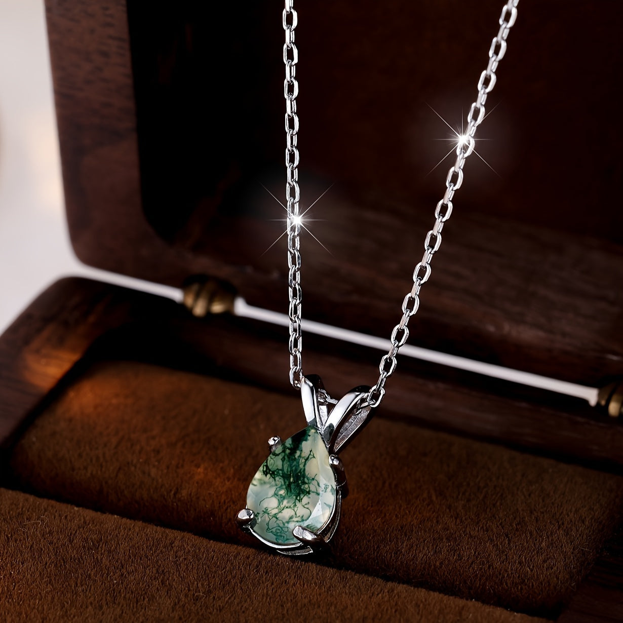 Green Moss Agate Pendant Necklace Sterling Silver Adjustable Chain
