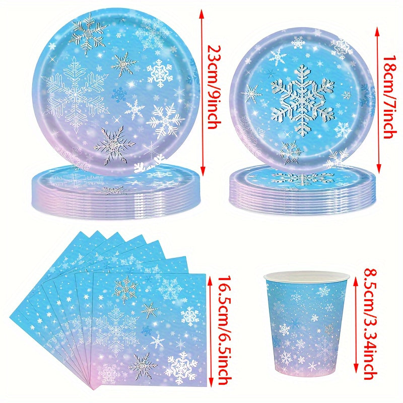 Set de vajilla temática de Frozen para 10 invitados, platos, vasos y servilletas con copos de nieve