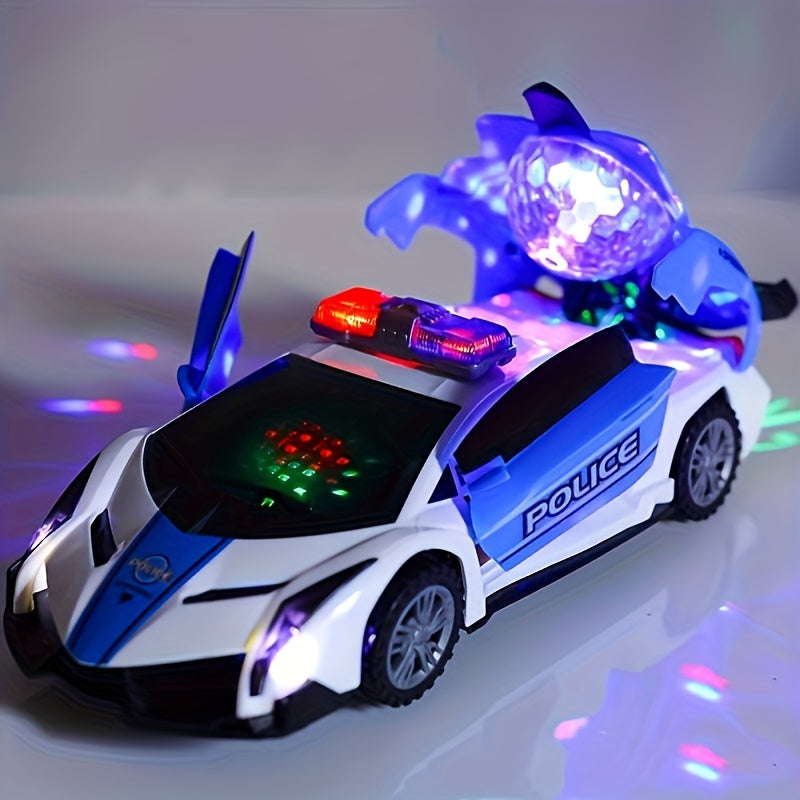Juguete de coche de policía azul para niños con diseño transformable de rotación de 360°, luces eléctricas y música