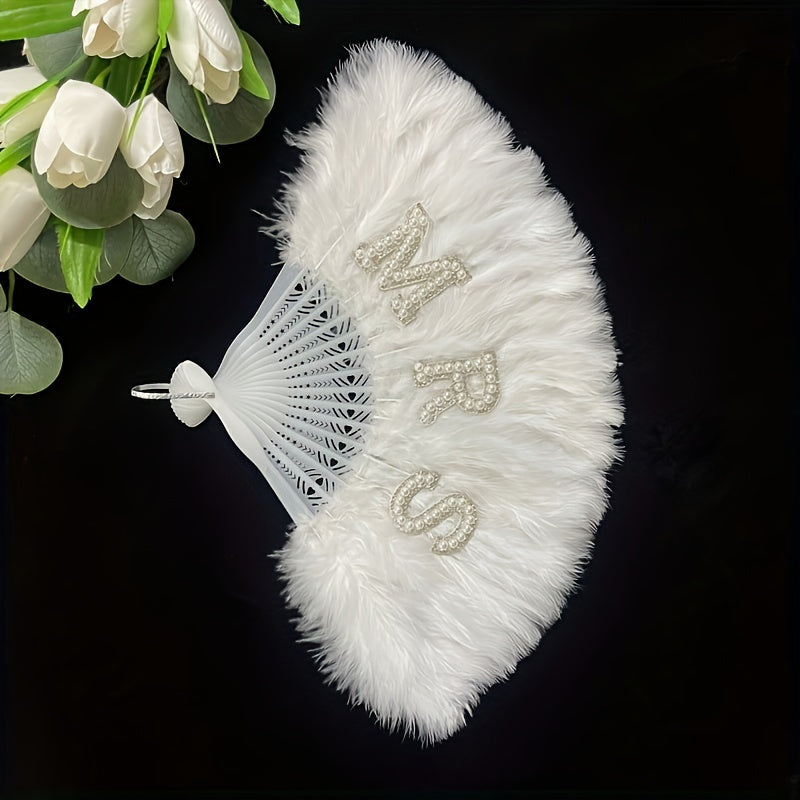 White Pearl Rhinestone Handheld Fan 13-Inch for Weddings and Bridal Events