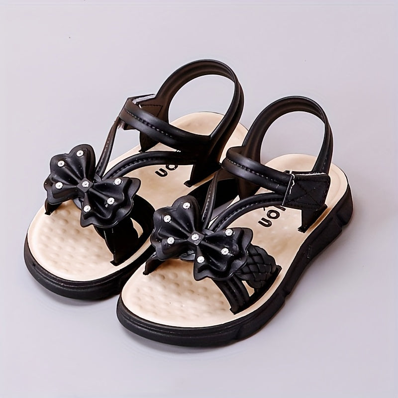 Girls' Sandals with Bowknot Summer 2024 Low Top Breathable Beach Footwear Black White Pink Cream