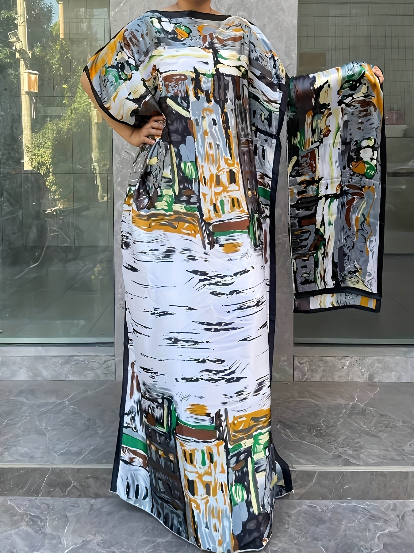 Women's Floral Print Batwing Sleeve Dress with Scarf All-Season Casual Elegance