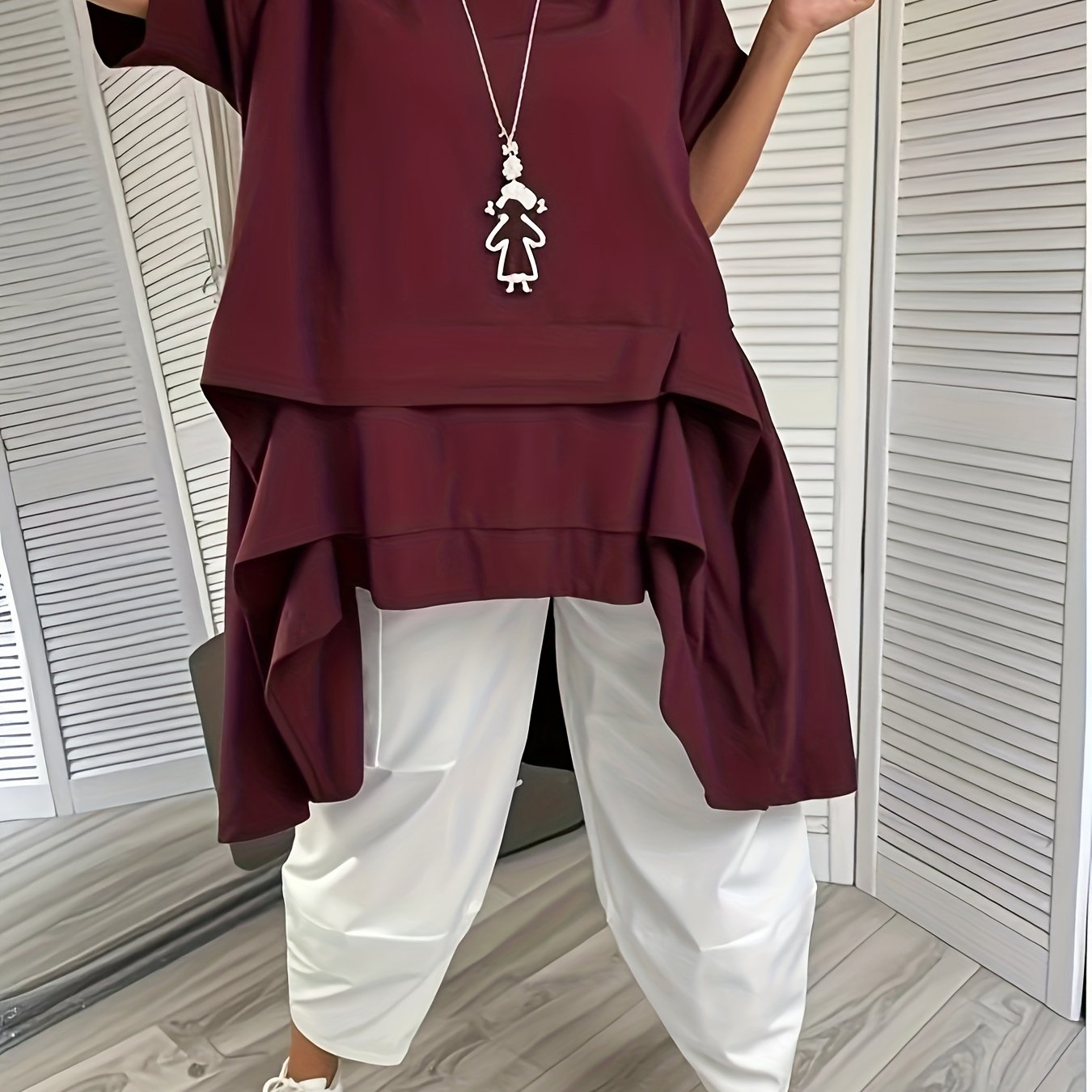 Plus Size Women's Casual Loose-Fit Cropped Short Sleeve Top Black Multi-Layer Hem