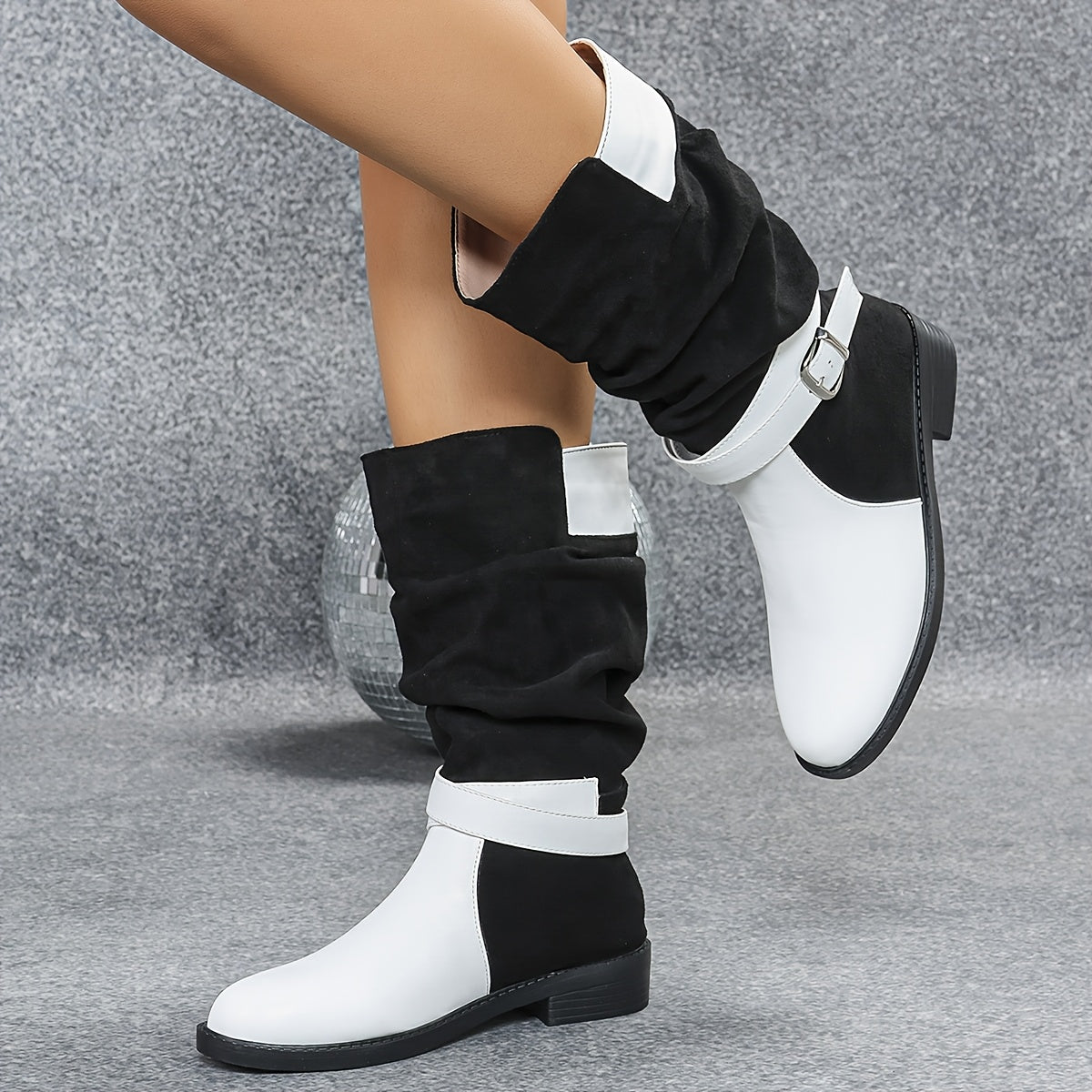 Women's Black White Color-Block Mid-Calf Boots with Heel & Buckle