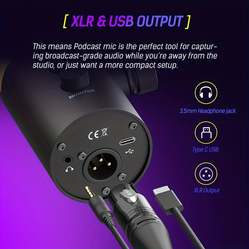 AMACEX SDM70 Dinamik Mikrofon XLR/USB, RGB, o'chirish funksiyasi va metall qurilishi bilan striming, o'yin, yozib olish va ovozli ishlov berish uchun.