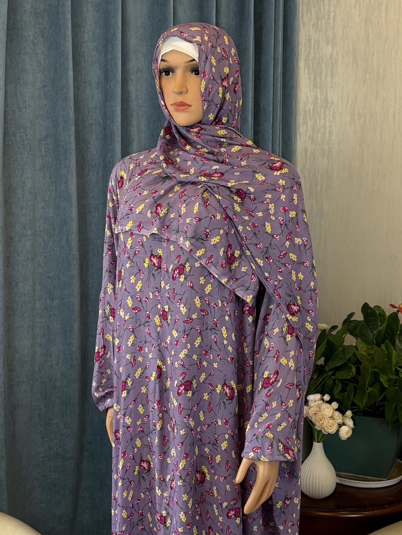 Plus Size Hooded Abaya with Lantern Sleeves Full-Length Cover Dress Ramadan Eid