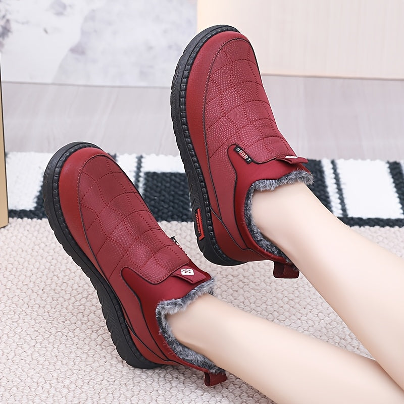 Women's Fleece-Lined Slip-On Ankle Boots Casual Solid Color Fabric
