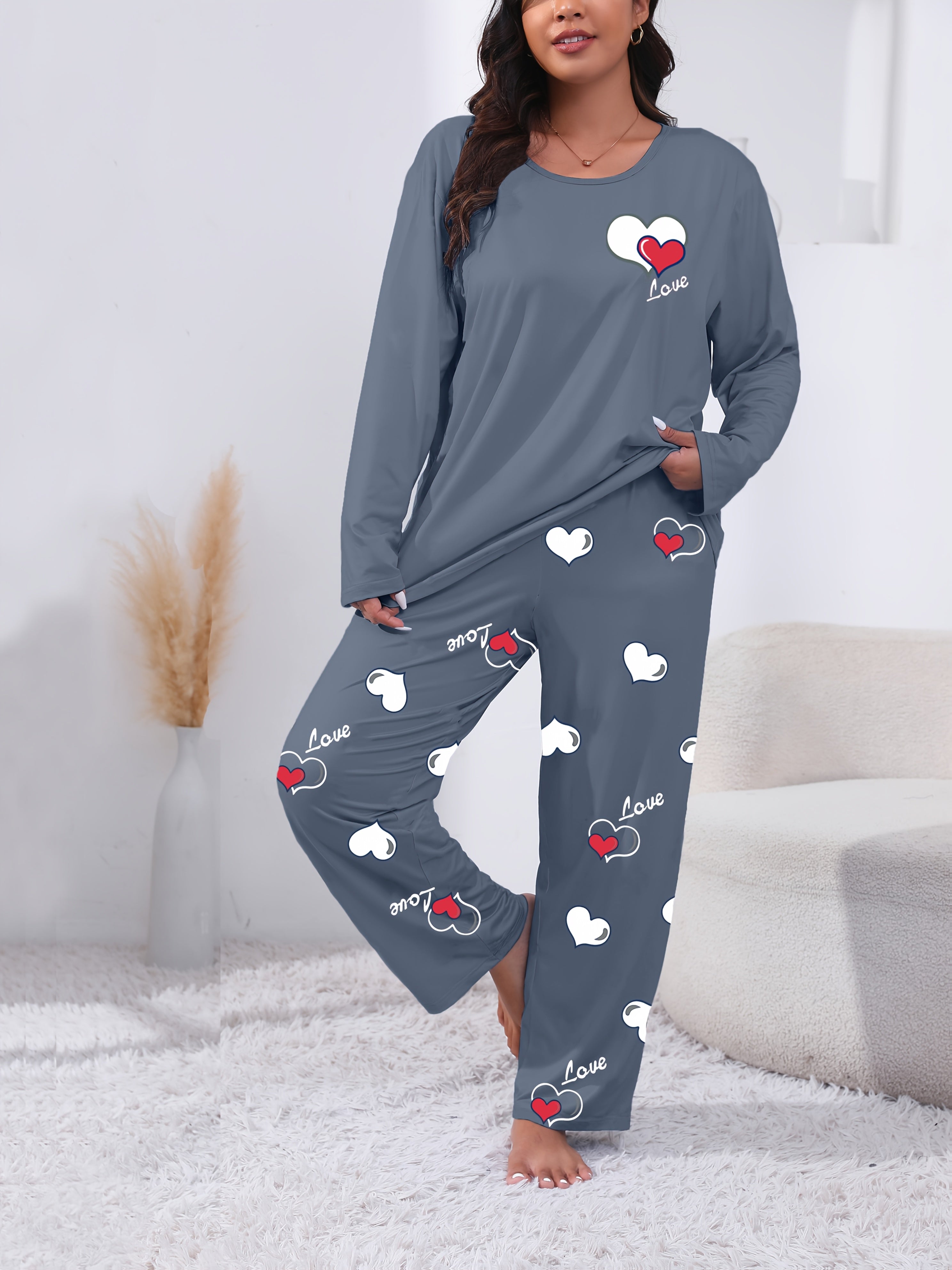 Women's Plus Size Love Heart Print Pajama Set Long Sleeve Sleepwear Soft Polyester Lounge