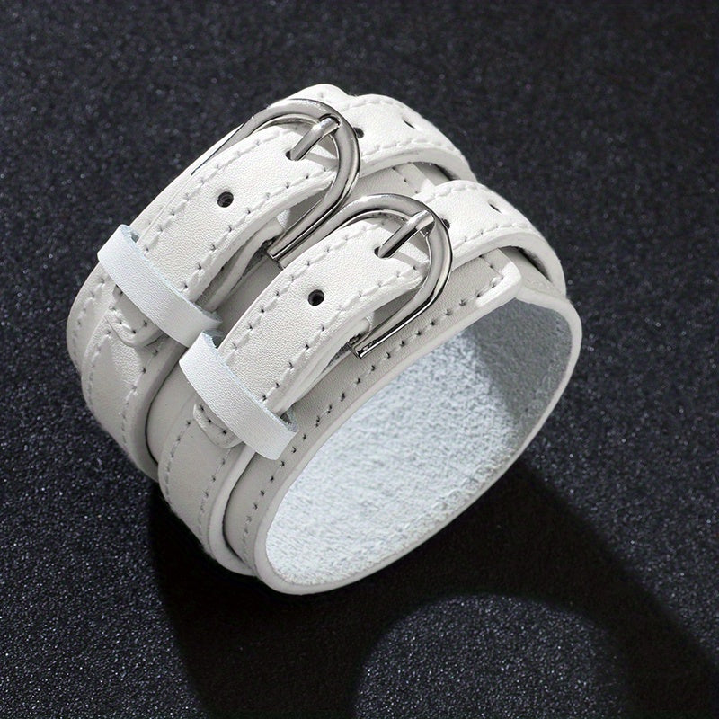 Men's Punk PU Leather Bracelet with Double Buckle and Adjustable Fit