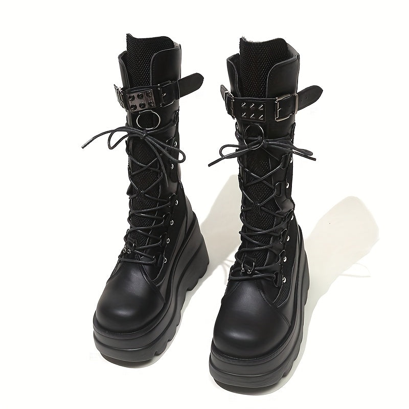 Women's Punk Motorcycle Boots with Buckle Lace-Up Faux Cover Rubber Sole