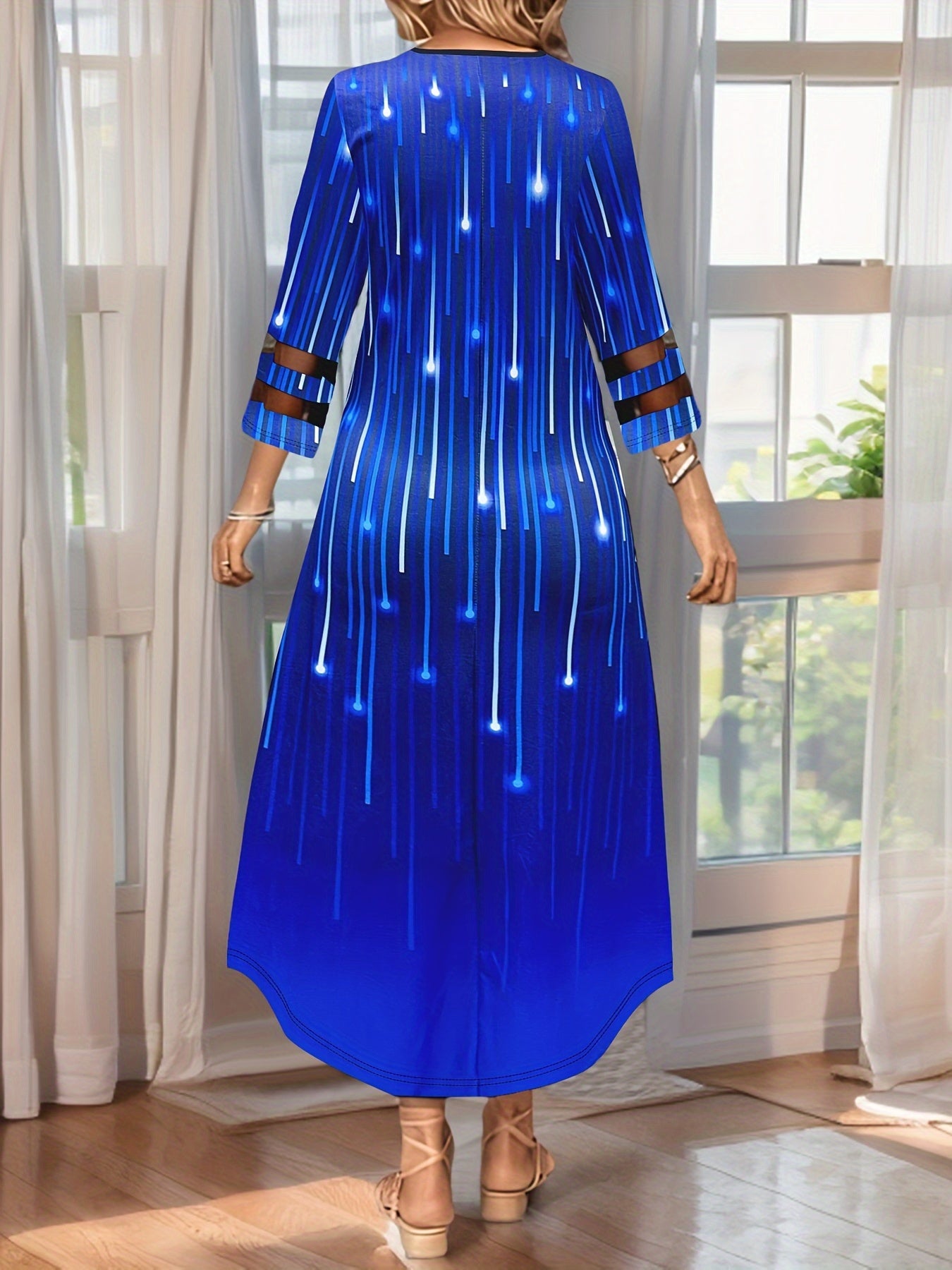 Women's Dress Mesh Panel Striped Starry Print Crew Neck 3/4 Sleeves