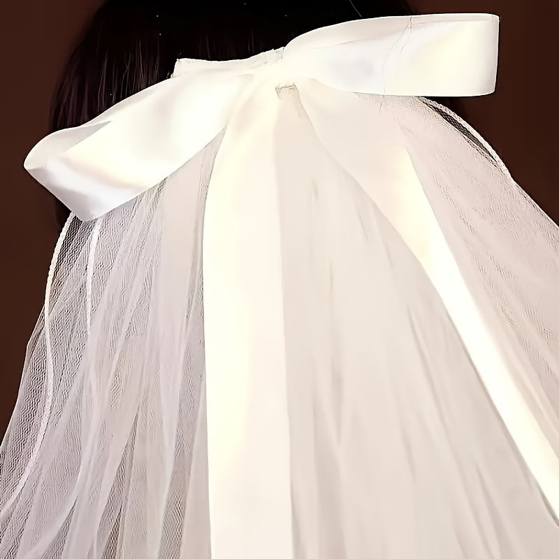 Women's Bridal Tulle Veil with Pearl Crown and Butterfly Knot for Weddings