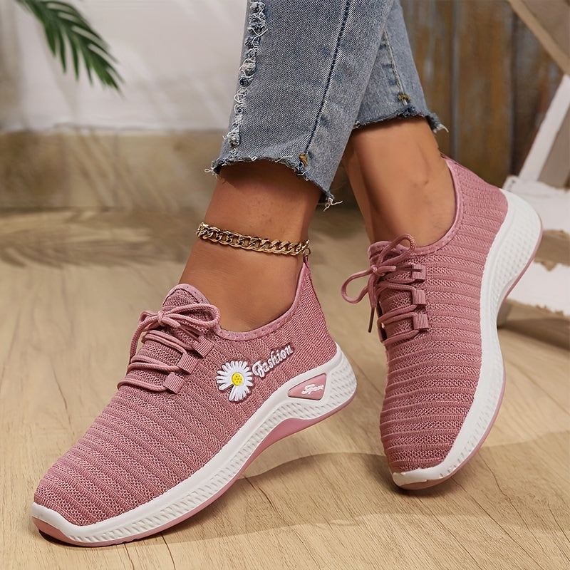 Women's Floral Pattern Lace-Up Sneakers Breathable Soft Sole Running Shoes