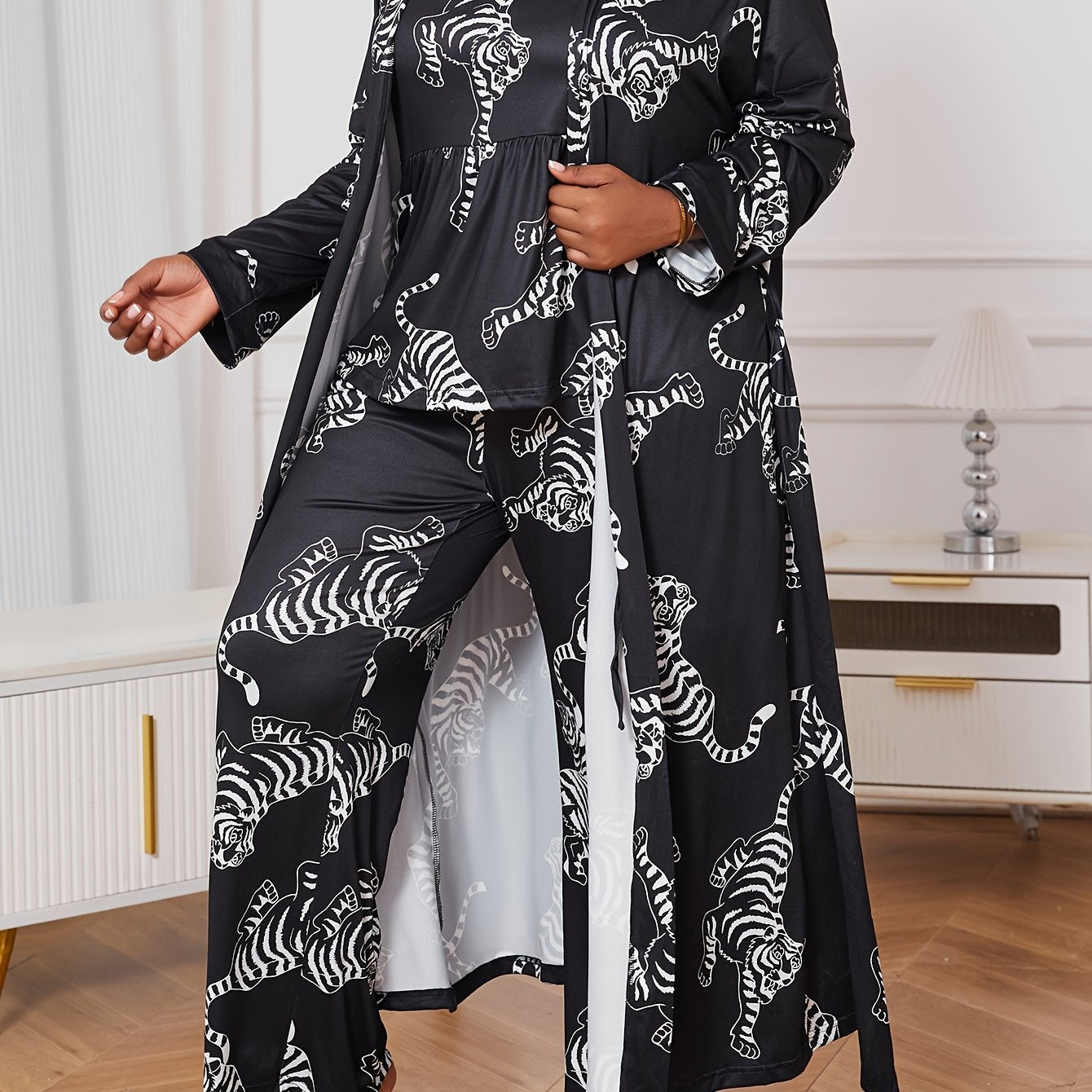 Women's Plus Size Lounge Set Tiger Print Cami Top Pants Robe Pajama Fall Winter