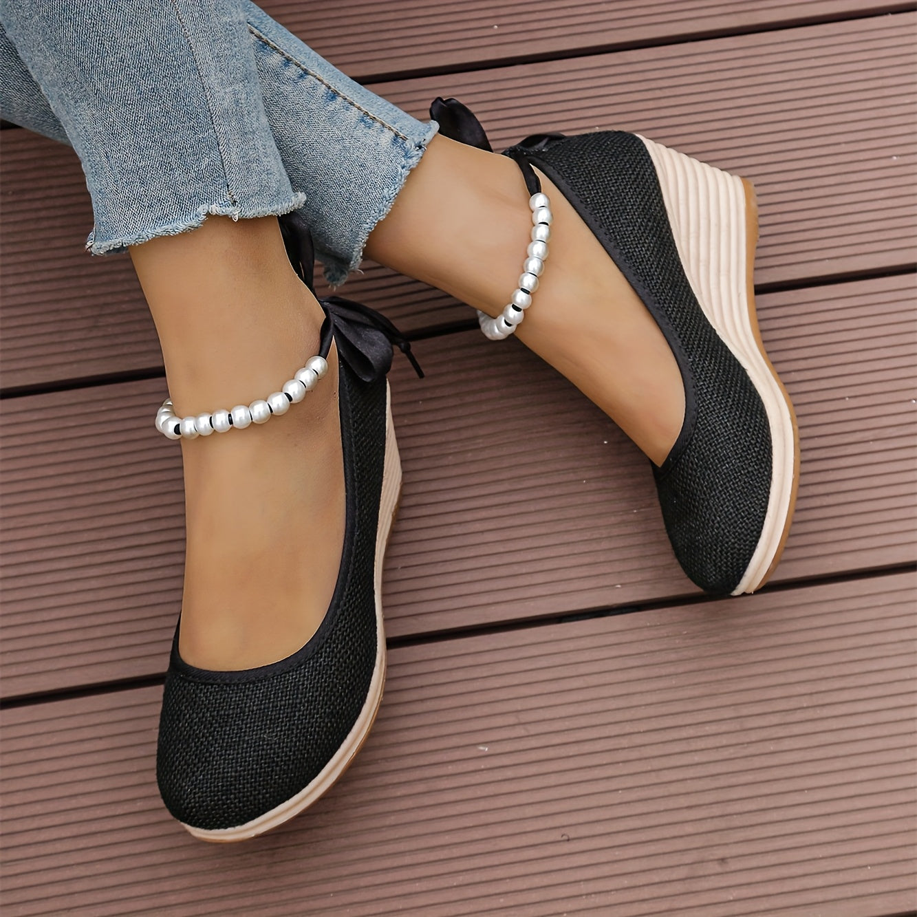Women's Black Linen Wedge Heel Pumps Round-Toe Shoes with Ankle Bracelets