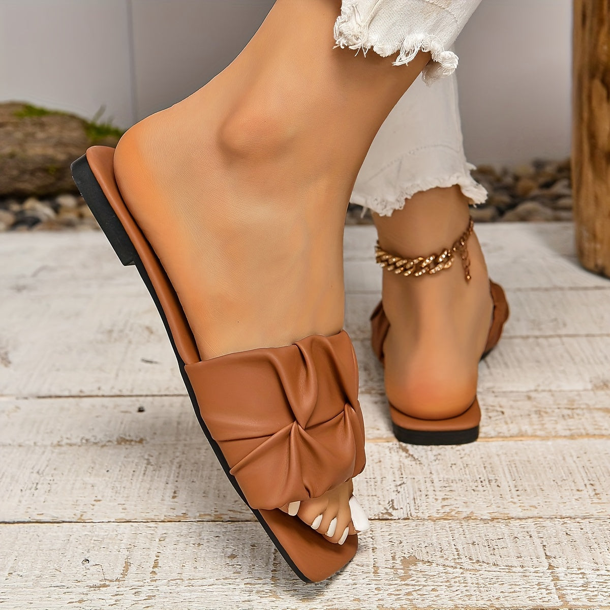 Women's Ruched Band Flat Slides Casual Open Toe Non Slip Shoes