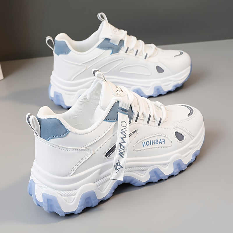 Women's Chunky Platform Combat Boots White and Blue Color-Block Synthetic Upper Rubber Sole