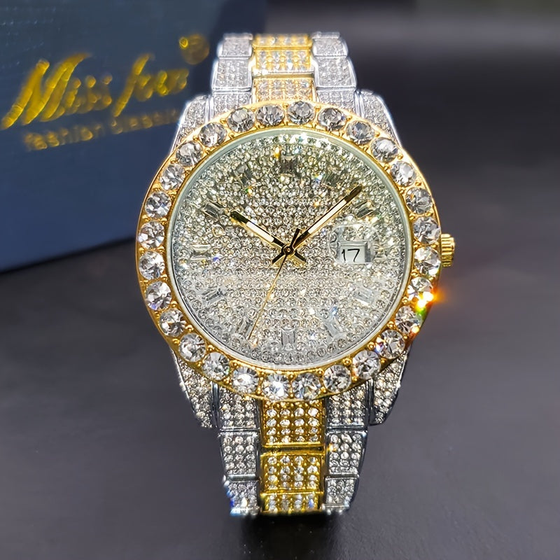 Men's Luxury Watch with Luminous Hands, Large Diamond, Quartz Movement, Alloy Case and Band