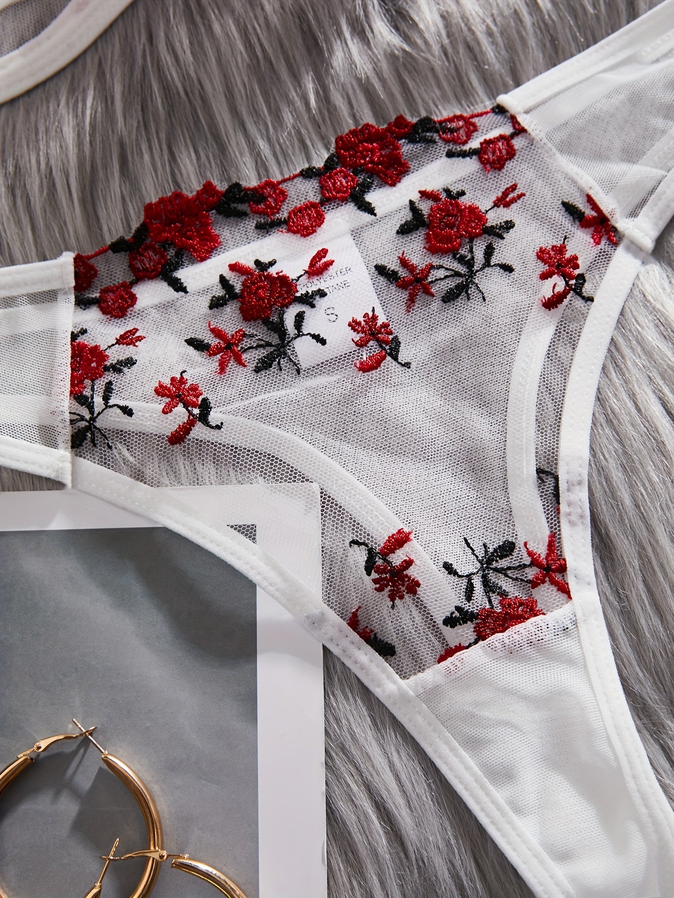 Women's Floral Embroidered Lingerie Set Polyester Knit Mesh Bra Drop Waist Briefs