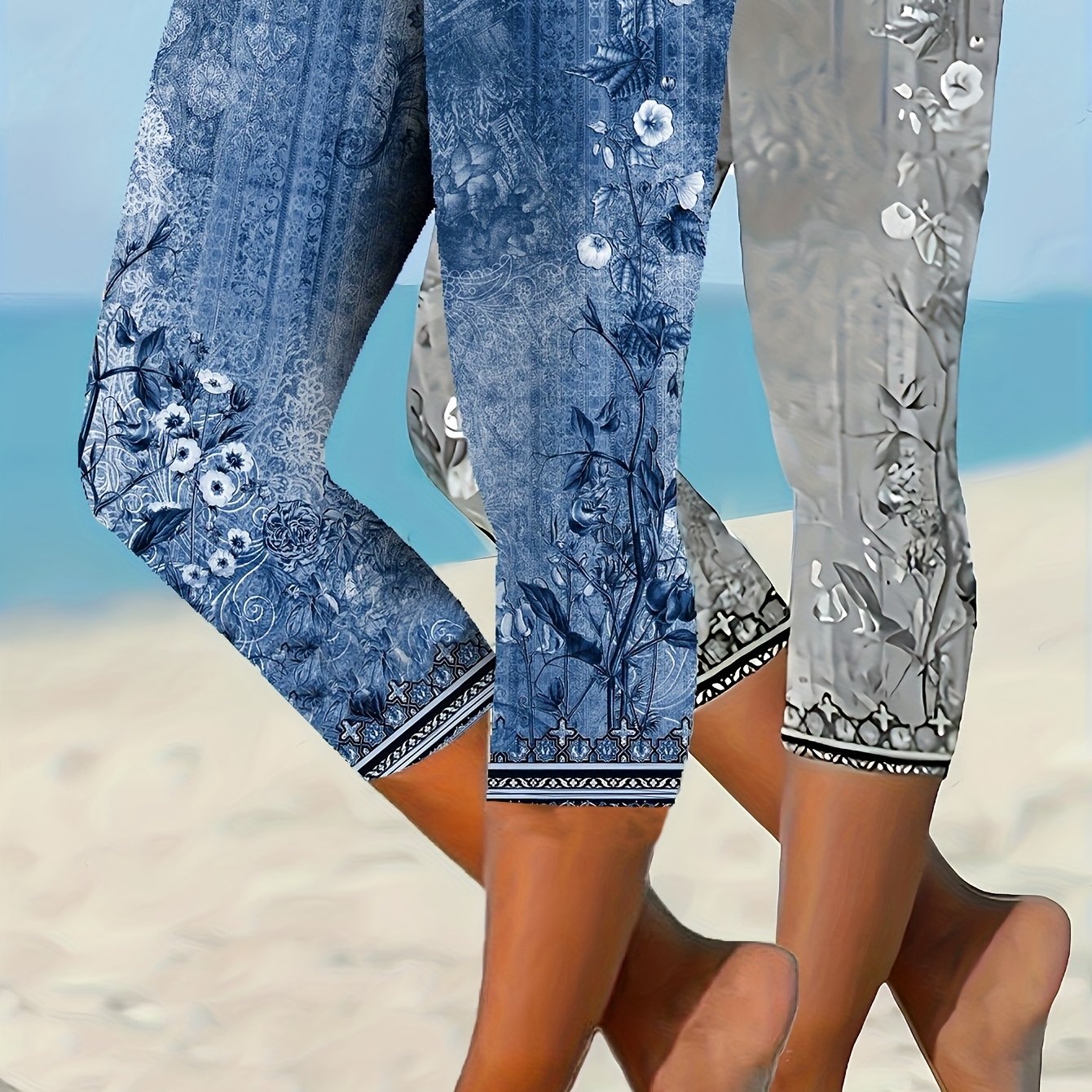 Plus Size Women's Floral Print Capri Leggings Stretchy Mid-Calf Pants