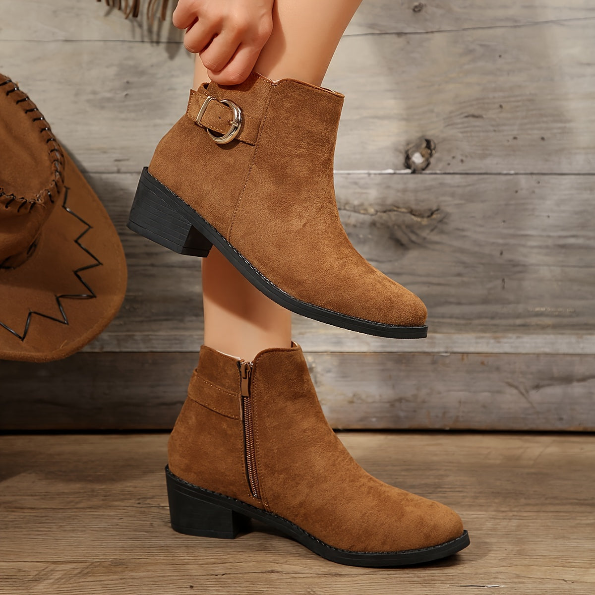 Women's Brown Corduroy Ankle Boots with Chunky Heel and Side Zipper