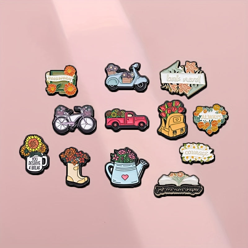 Set of 12 Floral and Green Plant Enamel Lapel Pins for Jackets and Bags