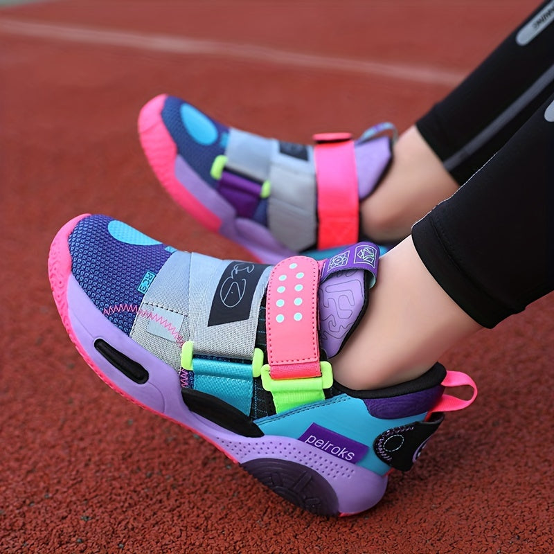 Youth Casual Basketball Sneakers Girls Pink Purple Blue Low Top TPR Sole Elastic Closure