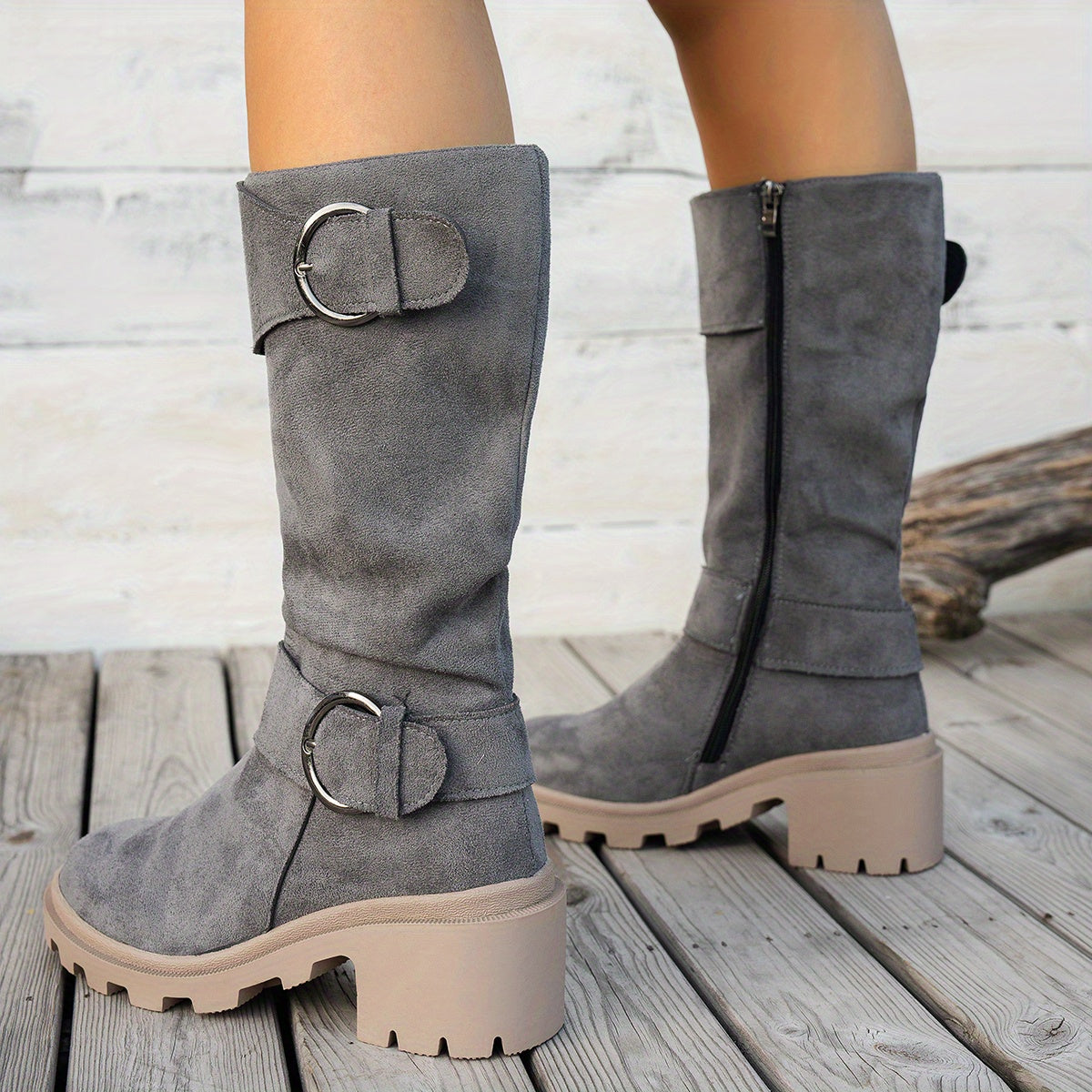 Women's Black Round Toe Mid-Calf Western Boots with Chunky Heel