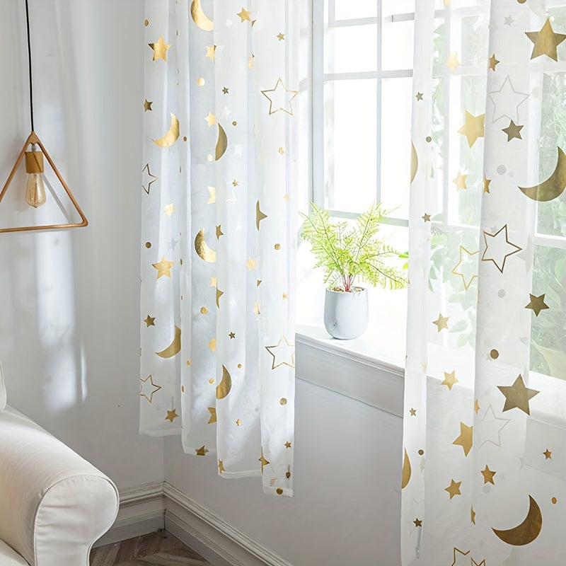 White Tulle Curtains with Silver and Gold Star Moon Cartoon Design for Kids Room